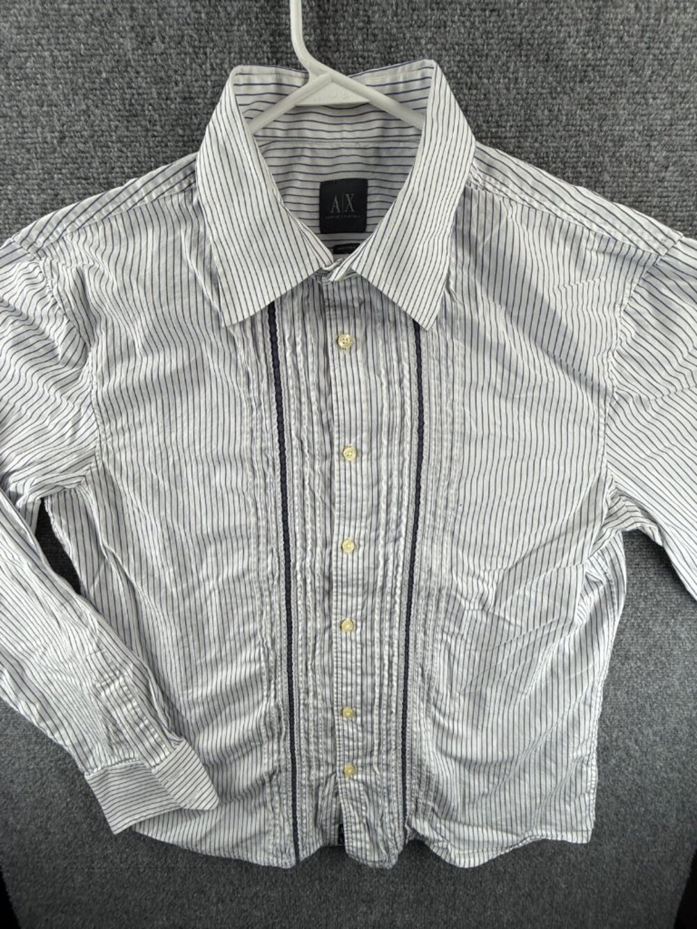 Armani XL Striped Blue Button Up Mens Elegant Long Sleeve Pocket Shirt Spread